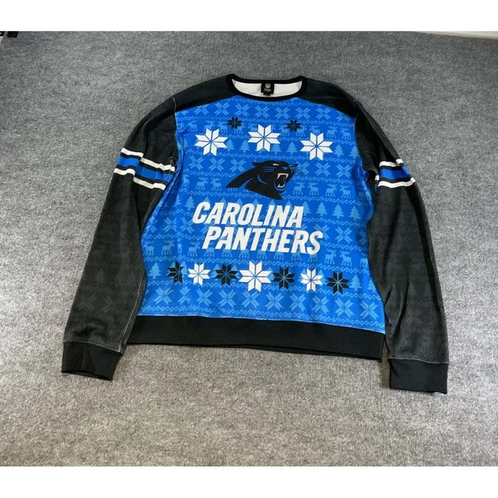 NFL Team Apparel Carolina Panthers Christmas Large Sweatshirt Men's BlueCrewneck